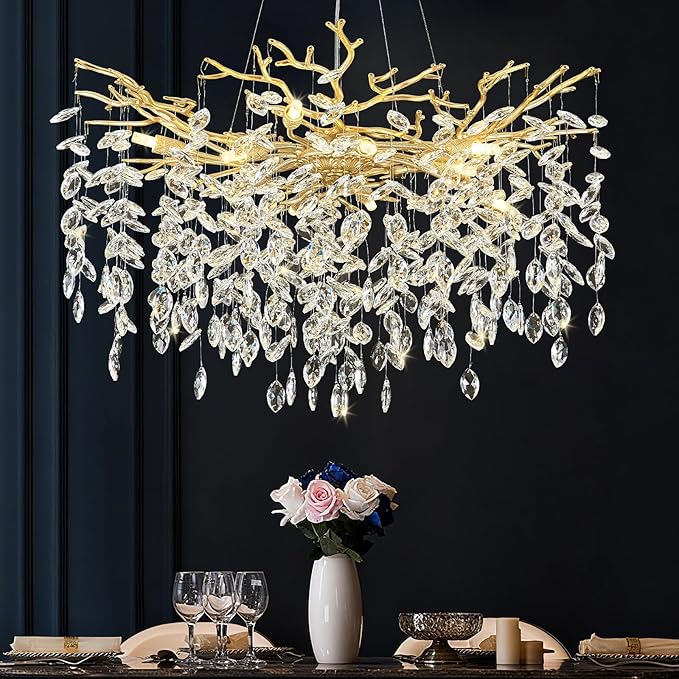 Modern Gold Crystal Chandeliers 31.5" Luxury K9 Crystal Large Chandelier for Living Room Mid Century Tree Branch Chandelier Ceiling Pendant Lighting Fixture for Bedroom Kitchen Staircase