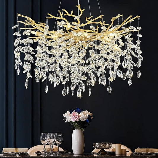 Modern Gold Crystal Chandeliers 31.5" Luxury K9 Crystal Large Chandelier for Living Room Mid Century Tree Branch Chandelier Ceiling Pendant Lighting Fixture for Bedroom Kitchen Staircase