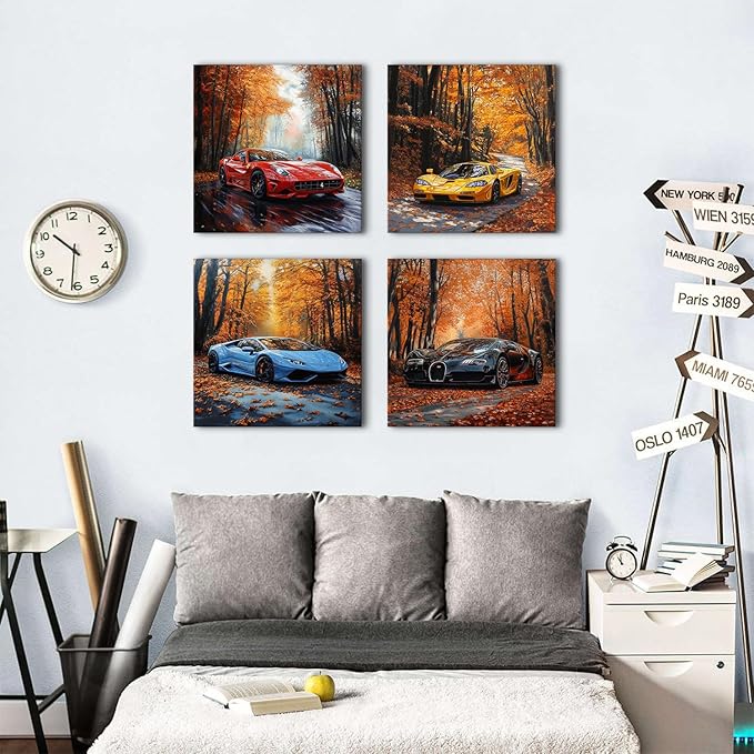 Car Poster Fall Forest Wall Art Framed Car Wall Decor for Teen Boys Man Bedroom Décor Sports Posters Ferrari Lamborghini McLaren Bugatti Canvas Pictures for Office Living Room Decorations Toddler Gift