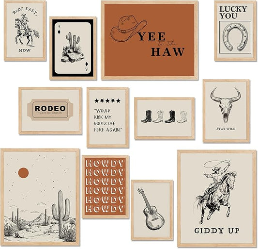 TwoDays Western Wall Decor, Retro Southwest Wall Art, Wild West Cowboy Rodeo Posters, Vintage Country Howdy Prints for Home Living Room Bedroom (Multi Sizes, 8" X 10" Largest, Set of 12, UNFRAMED)