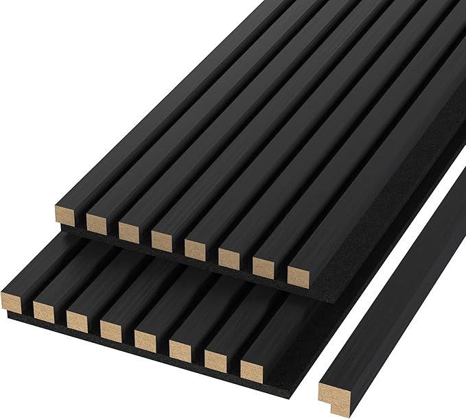 Modern 94” L x 11.25” W Acoustic Slat Wall Panels with End Cap – Wood Sound-Dampening Wall Treatment for Home, Office & Studio – 2-Piece Decorative Noise-Reducing Wall Panel Set (Black)