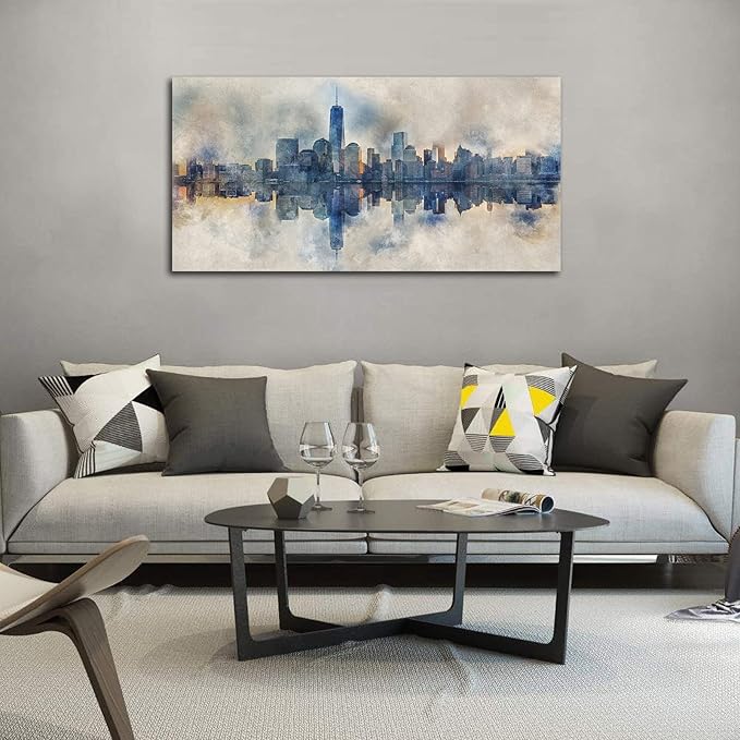New York City Canvas Wall Art Navy Blue Pictures Abstract Paining City Reflection in Water Canvas Painting Modern City Skyline Canvas Prints Artwork for Living Room Bedroom Office Wall Decor 20" x 40"