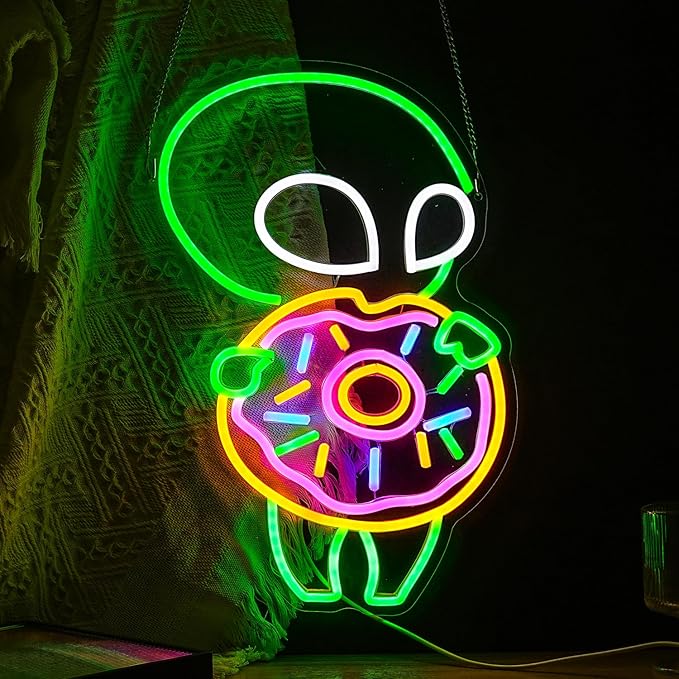 Alien Donuts Neon Sign Green Alien Neon Light for Wall Decor Donuts Led Lights Up Sign for Bedroom Dessert Shop Bakery Party Decoration Gift Fast Food Shop Cool Light Sign 16.5 * 11.4 IN