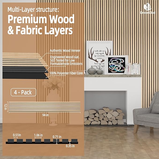 Acoustic Wood Slat Wall Panels - White Oak Soundproof Paneling for Interior Wall Decor, Modern Design, 94" x 12", 4-Pack