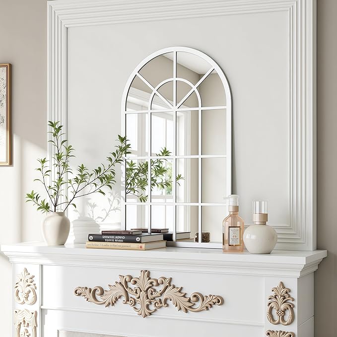 Arch Wall Mirror Mounted Decorative, 31"x42", Arched Window Pane Mirror for Wall-Mounted for Entryway, Bathroom Vanity, Living Room or Bedroom, Iron Frame, White