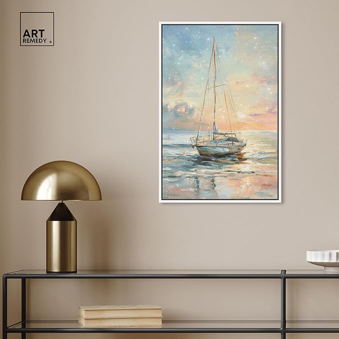 Art Remedy Boat On The Shore Framed Sailing 1 Piece Canvas Wall Art, 17" x 25", White Frame