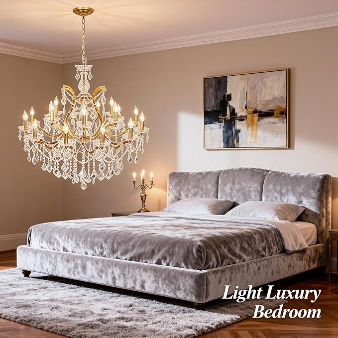 Antique Gold Crystal Chandeliers, Polished Golden Bronze Farmhouse Chandeliers 18-Light Crystal Candle Chandelier Ceiling Hanging Light Fixture Entrance Foyer Kitchen