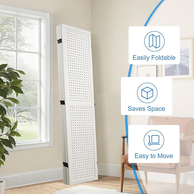6 Panel Room Divider with Pegboard Display 5.6FT Wood PegBoard Room Dividers, Folding Privacy Screens Portable Freestanding Partition Wall Divider for Art Shows & Room Separation, White