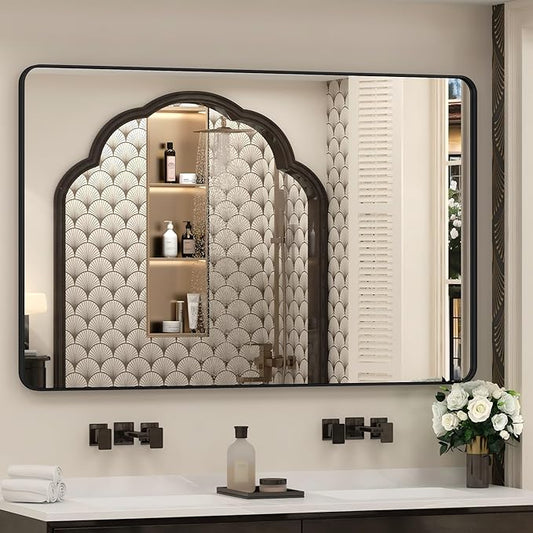 55x36 Inch Black Framed Bathroom Mirror for Wall, Large Matte Metal Framed Wall Mirror, Rounded Corner Rectangle Vanity Mirror, Tempered Glass, Anti-Rust, Shatterproof (Horizontal/Vertical)