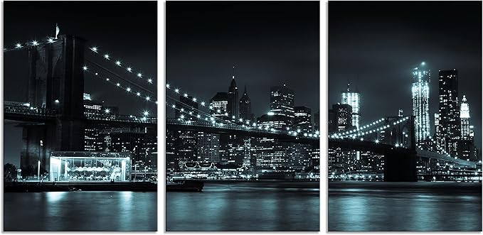 NAN Wind 3 Pcs Wall Art Brooklyn Bridge Black Canvas Art Paintings For Room Decor Manhattan Skyline Cityscape New York Skyscrapers Picture Prints On Canvas For Home Decor Modern Giclee Framed