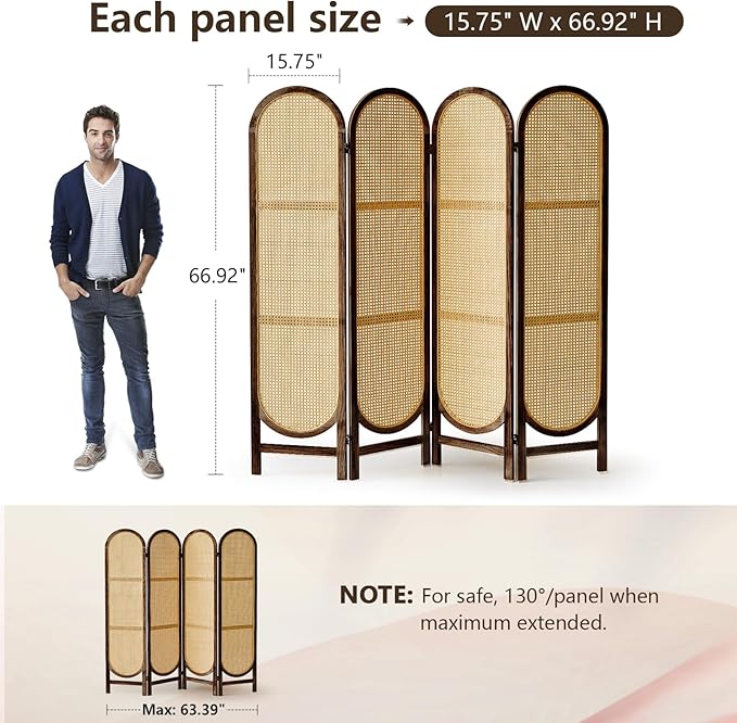 4 Panels Room Dividers and Hand-Woven Rattan Room Divider Wall, Wood Room Divider Folding Privacy Screens for Home Office Bedroom, Brown