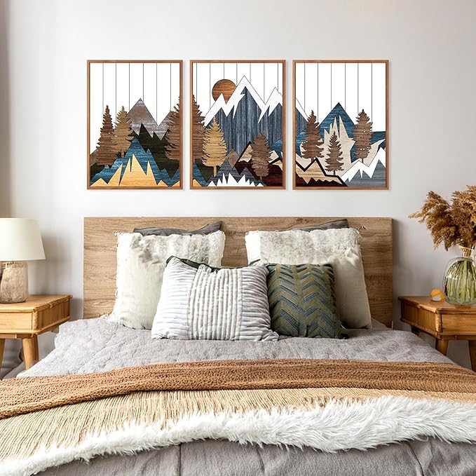 CHDITB Framed Canvas Mountain Wall Art Set, Country Woodcut Style Wall Decor, Forest Nature Wilderness Wall Painting, Modern Art Prints for Living Room, Bedroom, Farmhouse - Large Size 16"x24"x3