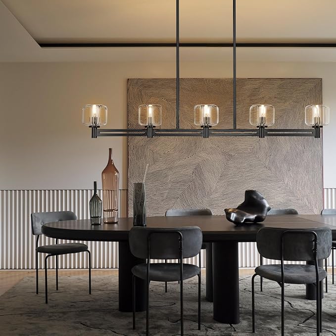 Modern Crystal Chandelier, 54" Black Rectangle Chandeliers for Dining Room, 5-Light Kitchen Island Lighting, Light Fixtures Over Table,Pendant Lighting Fixture for Dining Room Bedroom