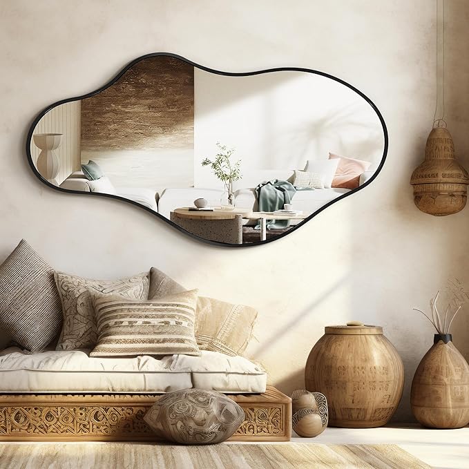 Bathroom Mirrors for Over Sink - Long Wall Mirrors Decorative 24"x 43" Asymmetrical Abstract Aviation Aluminum Alloy Frame Unique for Bedroom, Living Room, Cloakroom, Entryway Black