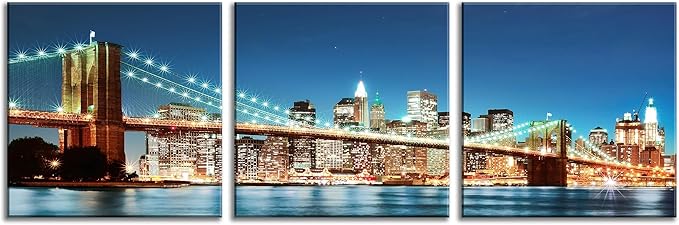 NAN Wind 3PCS Brooklyn Bridge Canvas Art Illuminated NYC Skyline with City Lights Wall Decor Modern Manhattan Night View Panoramic Prints Contemporary Water Reflection Canvas Set for Living Room