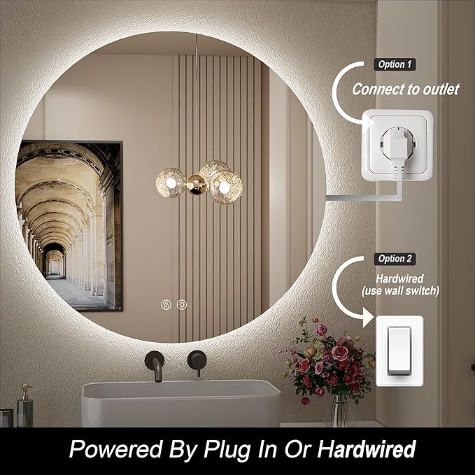32 Inch LED Backlit Round Mirror for Vanity,Dimmable Lighted Bathroom 6000K Wall Mounted Mirror with Lights,Anti-Fog, Touch Switch and CRI 90+