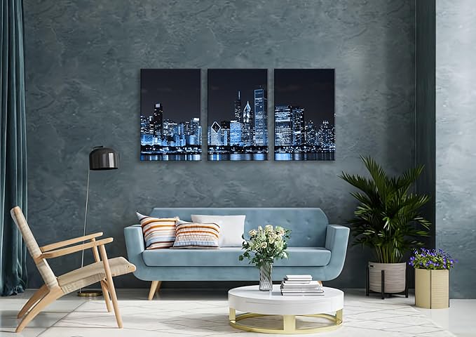 NAN Wind Chicago City Center Skyline Canvas Prints Modern Office Decor Chicago Skyline Canvas Art Cityscape Wall Decorations Blue Wall Decor for Living Room Pictures for Bedroom Decorations