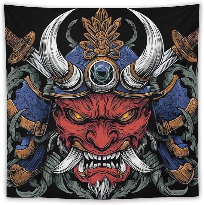 UUKXKUU Oriental Retro Mask Symmetry Samurai Tapestry Large Wall Art Backdrop Flag Wall Hanging Decor for Living Room Bedroom Dorm Office 60"×60"
