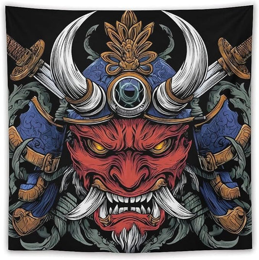 UUKXKUU Oriental Retro Mask Symmetry Samurai Tapestry Large Wall Art Backdrop Flag Wall Hanging Decor for Living Room Bedroom Dorm Office 60"×60"