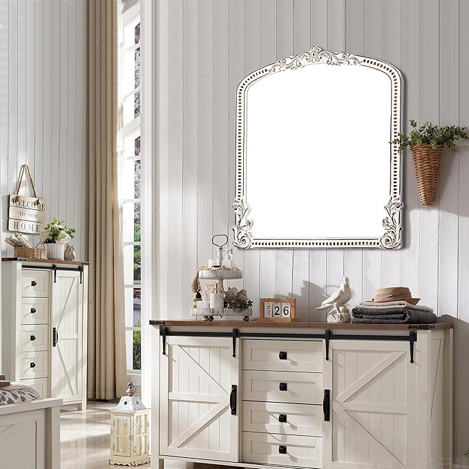 30x35 Inch Baroque Farmhouse Arched Wall Mirror Wooden, Rustic Distressed Decorative Mirrors for Fireplace, Living Room, Bedroom, Entryway, Bathroom