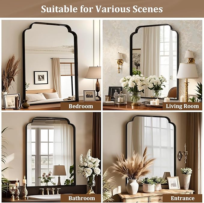 20X30 Inch Black Bathroom Mirror for Wall, Modern Rounded Corner Rectangle Mirror with Non-Rusting Iron Metal Framed Bathroom Vanity Mirror for Over Sink Wall Decor