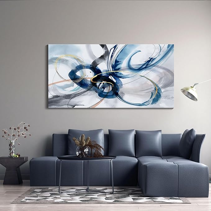 AJAZIKO Modern Abstract Canvas Wall Art - 29X58 Inches Blue and White Pictures for Living Room, Bedroom Aesthetic Home Decor