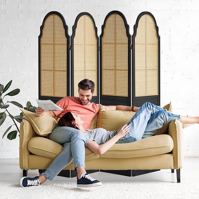 4 Panel Rattan Room Divider Panel, 5.6Ft Partitions and Dividers, Louvered Partition Divider, Room Dividers Screen, Solid Wood Frame, Folding Screen, Bedroom, Family Room, Black