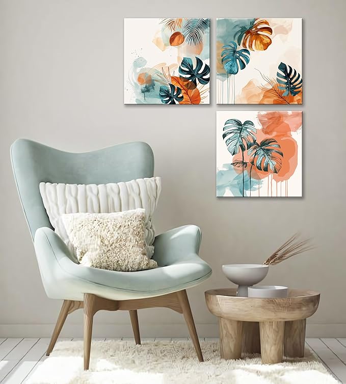 NAN Wind 3Pcs Abstract Tropical Leaves Canvas Art Modern Botanical Wall Decor Teal and Orange Leaf Minimalist Jungle Wall Art Framed Contemporary Nature-Inspired Print for Living Room or Bedroom