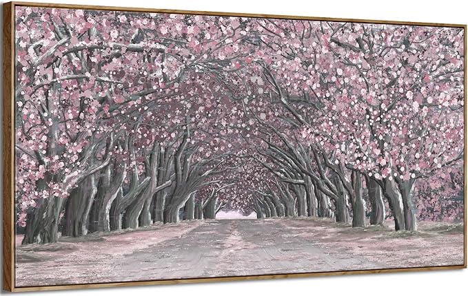 Nicetop Big Framed Canvas Wall Art for Living Room – Large Pink Abstract Floral Canvas Print Cherry Blossom Tree Tunnel Artwork – Oversized Spring Landscape Picture Bedroom Girls Women Decor 58x29Inch