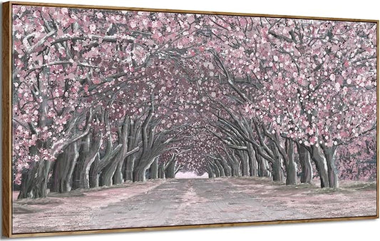 Nicetop Big Framed Canvas Wall Art for Living Room – Large Pink Abstract Floral Canvas Print Cherry Blossom Tree Tunnel Artwork – Oversized Spring Landscape Picture Bedroom Girls Women Decor 58x29Inch