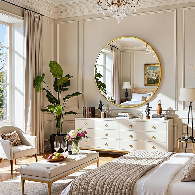 Antok Wall Mirror, 24"x24" Bathroom Vanity Mirror, Anti-Rust HD Tempered Glass, Wall Mounted Mirrors for Living Room, Entryway, Gold Frame, Round