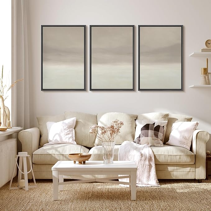 MUDECOR Framed Wall Art Print Set Misty Horizon Minimalist Foggy Mountain Landscape in Soft Neutral Tones Illustrations Realism Decorative for Living Room, Bedroom, Office - 24"x36"x3 Black