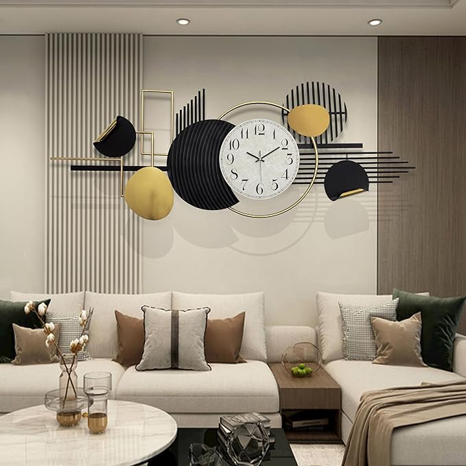 Metal Wall Art, Black and White Decor for Living Room, Abstract Modern Creative Geometric Round Art Decor 56" × 24" Large 3D Wall Clock for Bedroom, Dining Room, Home Hanging Wall Sculpture