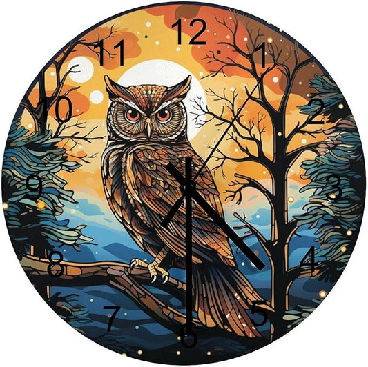 Moon Owl Round Wall Clock, Watercolor Cartoon Scene Bird Animal Black and White Art Print Children's Living Room Bedroom Kitchen Wooden Silent Wall Clock 12x12INCH