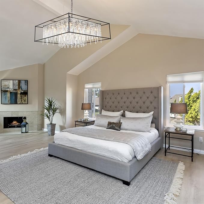 27.5 inch Modern Crystal Chandelier for Dining Room,Black Square Farmhouse Industrial Pendant 8 Lights for Kitchen Island Bar Living Room Hallway Entryway