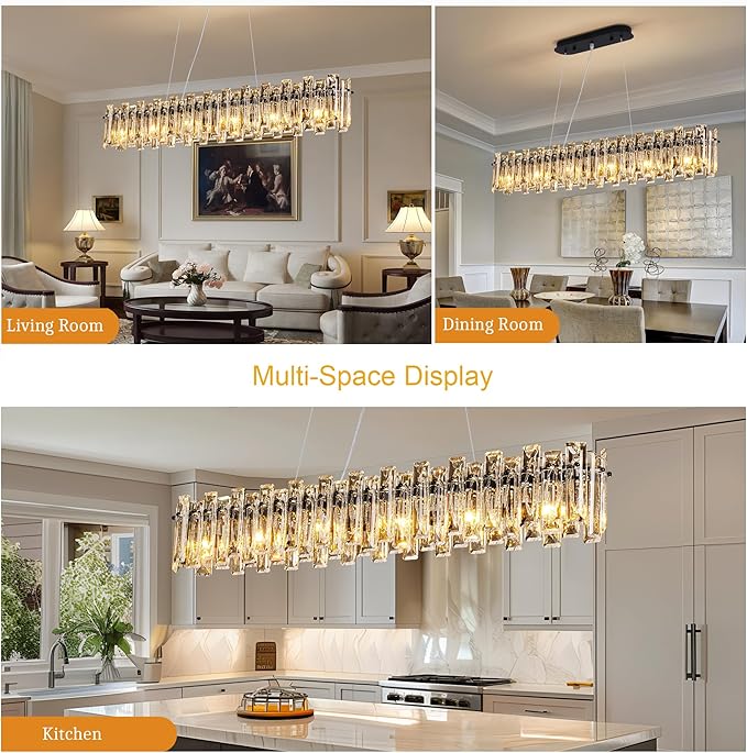Modern Luxury Rectangular K9 Crystal Chandelier for Dining Room Living Room Kitchen Island Entryway Foyer L31.5 Easy Install Adjustable Hight 5-Light Ceiling Hanging Light Fixture Black