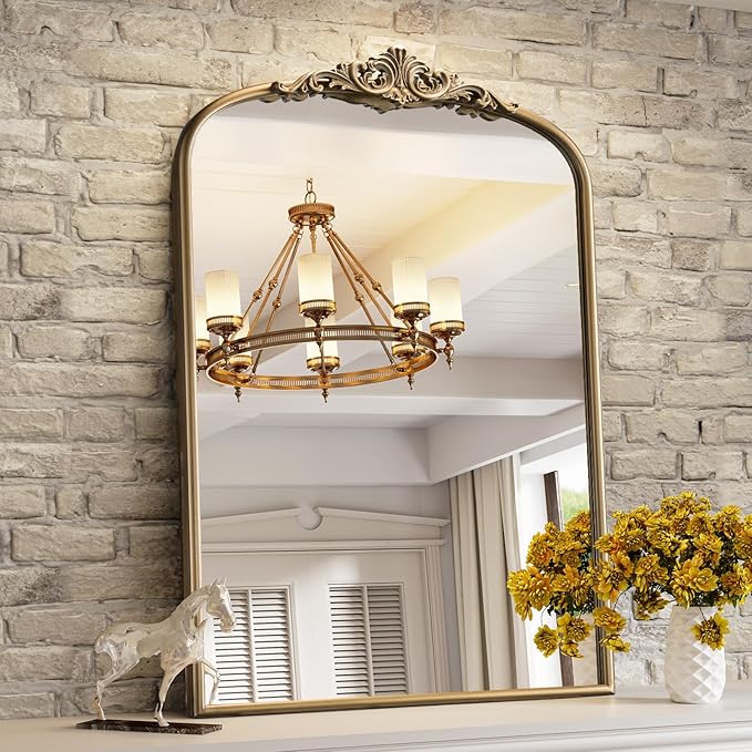 Arched Antique Wall Mirror, 30"x40" Vintage Gold Bathroom Vanity Mirror, Ornate Arch Bronze Mirror for Over Sink/Fireplace/Entryway