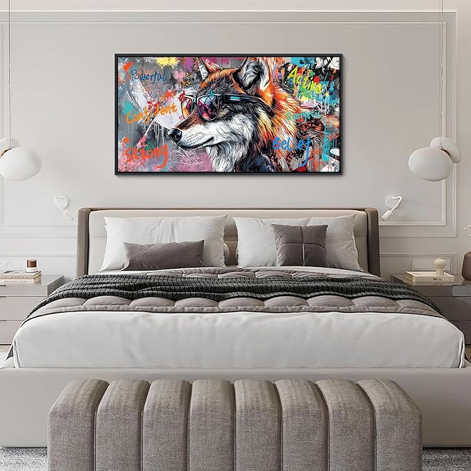JEAWA Framed Canvas Wall Art - 20x40 In Abstract Painting Decor, Inspirational Graffiti Wolf Pictures, Modern Street Art Prints for Bedroom Living Room Bathroom Home Decoration