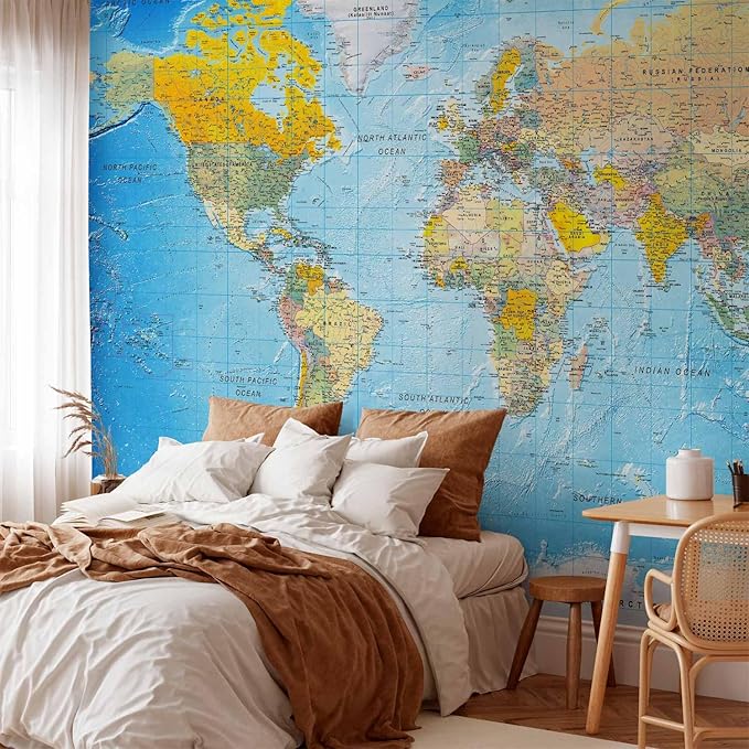 artgeist Premium Wall Mural World Map 98x69 in - XXL Non-Woven Wallpaper Fleece Wall Decor Photo Print Picture Image Design Home Map of The World k-A-0109-a-a