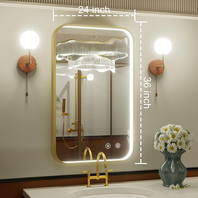 24x36 Inch Gold LED Bathroom Mirror with Lights, Adjustable 3000K/4500K/6000K, Wall Mounted Lighted Bathroom Vanity Mirror, Stepless Dimmable, Anti-Fog, Memory, Horizontal/Vertical