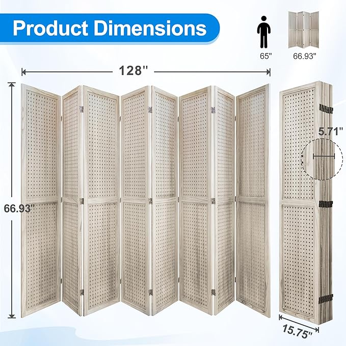 2 PCS Room Dividers 8 Panel Pegboard Display 5.6FT Wood PegBoard Room Divider,Folding Privacy Screens Portable Freestanding Partition Wall Divider for Art Shows & Room Separation, Natural Wood