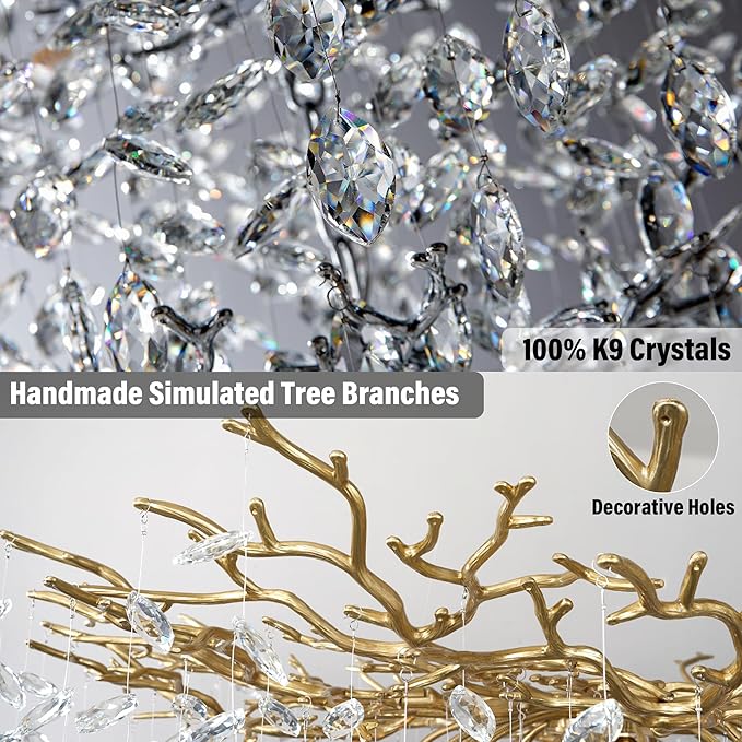 63'' Long Crystal Chandelier for High Ceiling, 28-Light Modern Gold Tree Branch Chandelier, Large Chandeliers for Foyer Entryway Staircase Living Room, 5-Tier Luxury K9 Crystal Raindrop Light Fixture