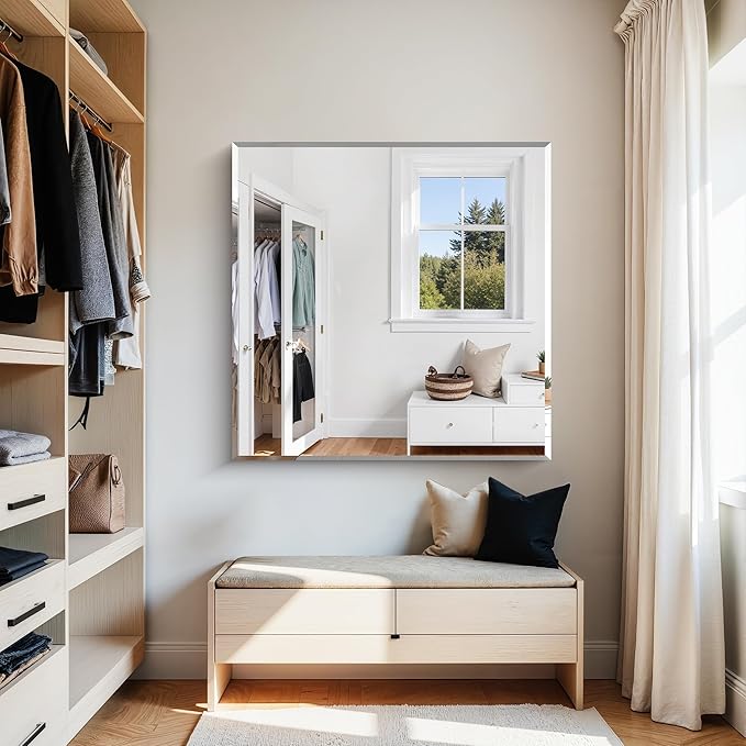 KOCUUY Beveled Mirror, 36x36 Inch Large Frameless Square Bathroom Mirror for Over Sink, Upgraded Shatterproof Beveled Unframed Design Mirror for Bathroom, Bedroom, Hang Horizontal/Vertical