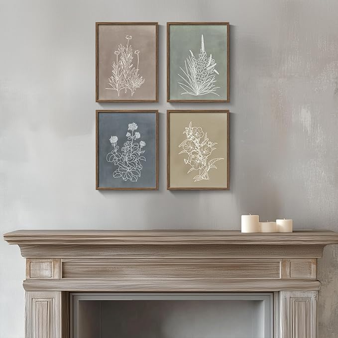 Boho Framed Botanical Wall Art for Bathroom Decor, 4 Piece Rustic Floral Canvas Painting Prints Artwork for Walls, Vintage Neutral Flower Pictures for Farmhouse Bedroom Dining Room Kitchen, 8x10 Inch
