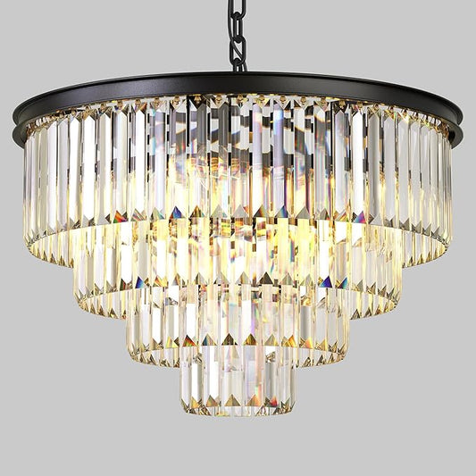Modern Black Crystal Chandelier,4-Tier Round Pendant Ceiling Fixture with Height Adjustable Luxury Hanging Chandelier for Dining Room,Living Room,Entryway,Bedroom,Kitchen,and Foyer (Black Crystal-4)