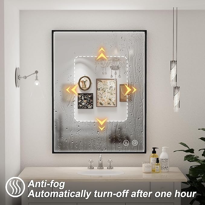 24x32 Inch LED Bathroom Mirror with Lights, Black Metal Frame Mirror, Wall Mounted Lighted Vanity Mirrors