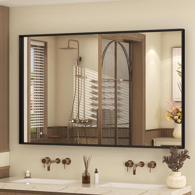 48x30 Inch Black Metal Framed Bathroom Mirror for Wall, Black Matte Rectangle Bathroom Vanity Mirror, Square Corner, Anti-Rust, Tempered Glass, Hangs Horizontally or Vertically