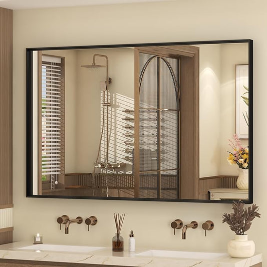 48x30 Inch Black Metal Framed Bathroom Mirror for Wall, Black Matte Rectangle Bathroom Vanity Mirror, Square Corner, Anti-Rust, Tempered Glass, Hangs Horizontally or Vertically