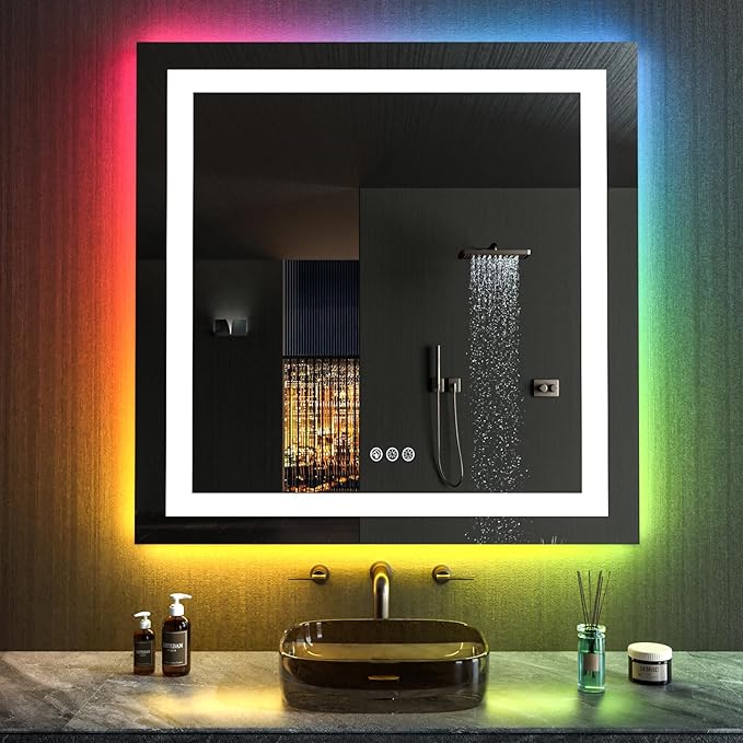 LOAAO 38"X38" LED Bathroom Mirror with Lights, Anti-Fog, Dimmable, RGB Backlit + Front Lighted, Bathroom Vanity Mirror for Wall, Memory Function, Waterproof, Tempered Glass