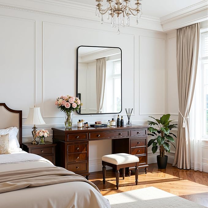 Antok Wall Mirror, 24"x36" Bathroom Vanity Mirror, Anti-Rust HD Tempered Glass, Wall Mounted Mirrors for Living Room, Entryway, Black Frame, Rect